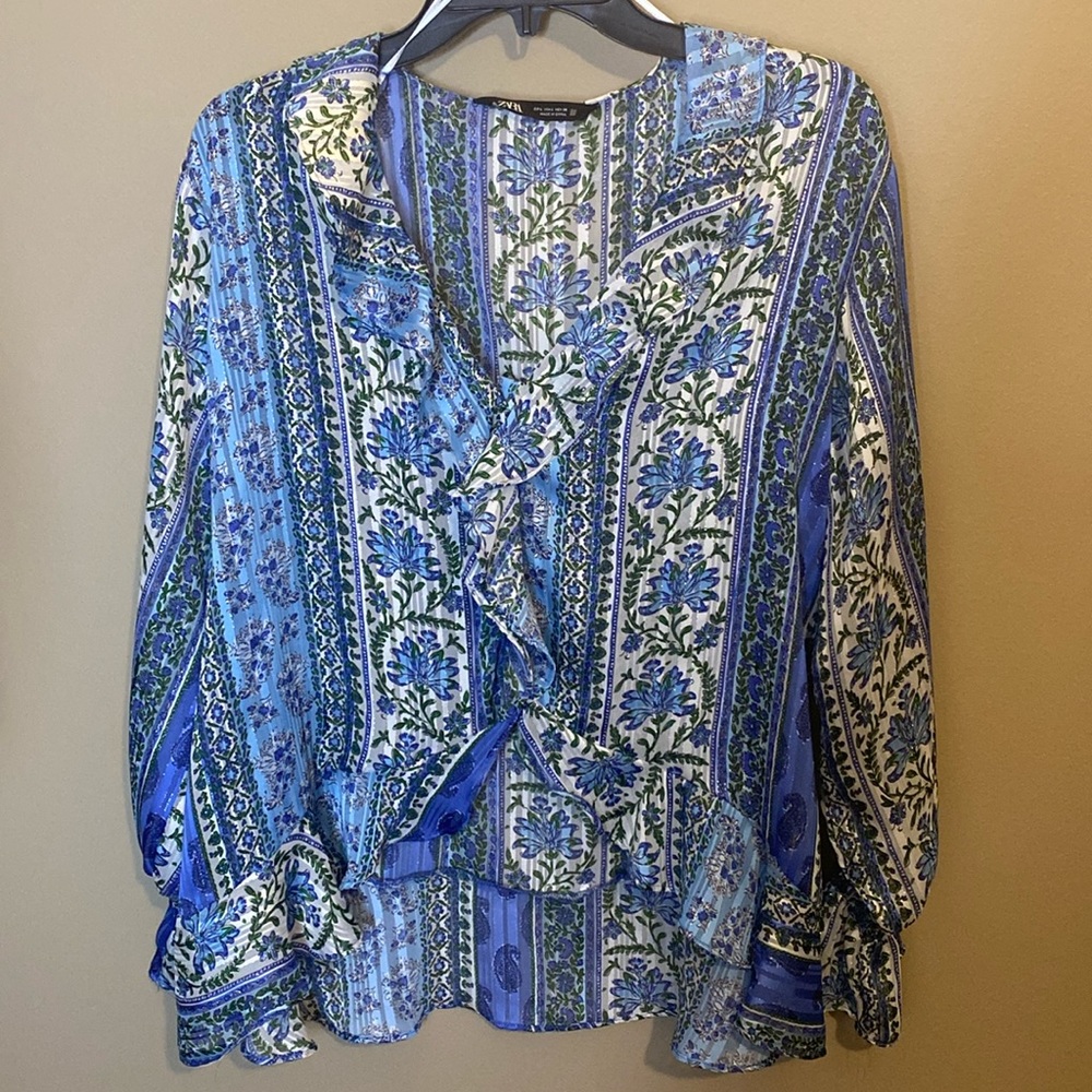 Zara Blue Flowy Long Sleeve Blouse
